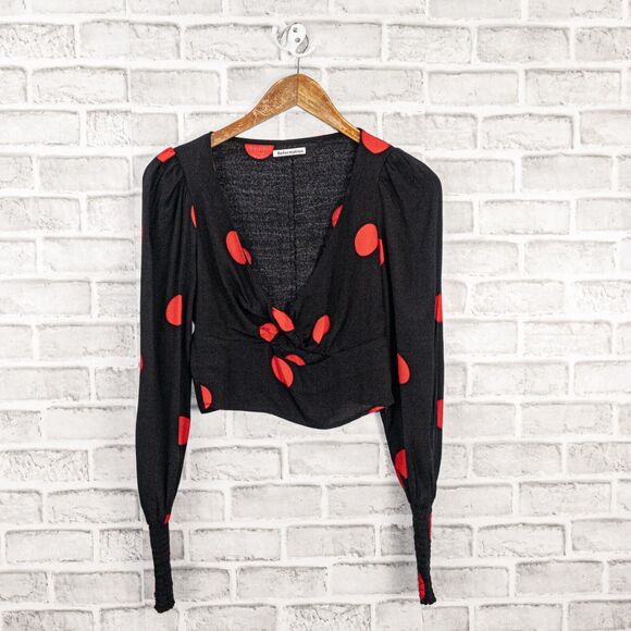 REFORMATION Women's Black Red Polka Dot Cropped Blouse Size 2 - Picture 7 of 9
